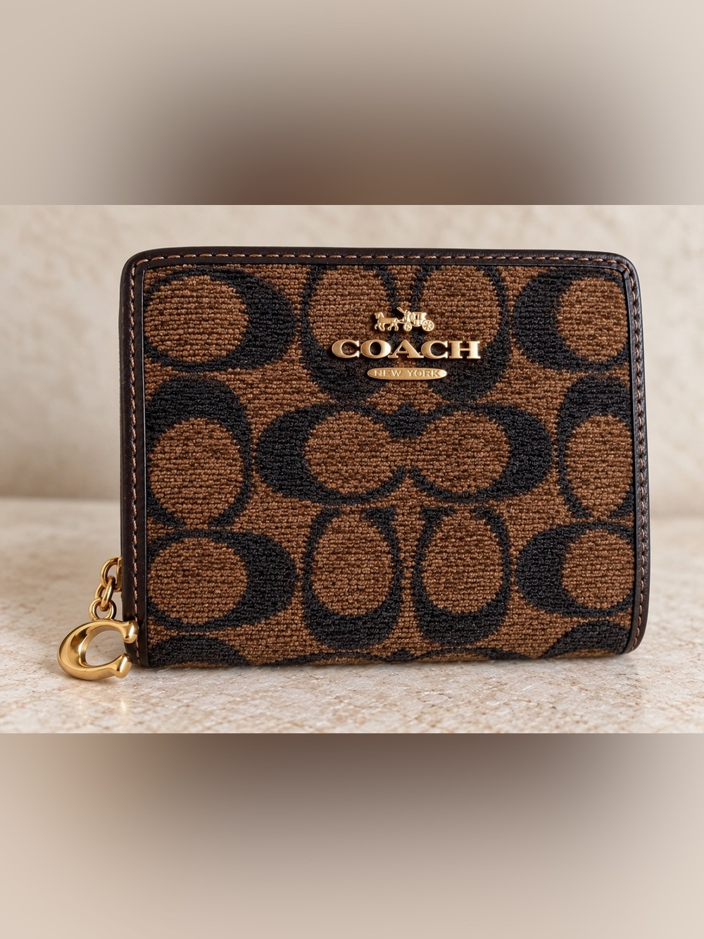 Coach Signature Chenille Snap Wallet Brown Truffle Gold CCQ32